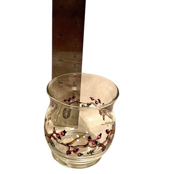 New Handpainted Signed Clear Glass Cranberry Vine Votive Without Candle - Picture 4 of 4